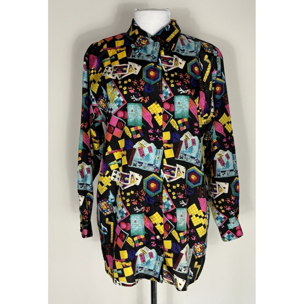 VTG Art de Chine Women's Unique 100% Silk Shirt Games All Over Print Size M